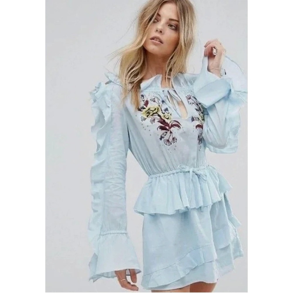 Millie Mackintosh Light Blue Cotton Ruffle Floral Embroidered Women's Sz 16 Boho